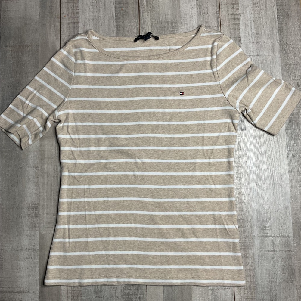 Tommy Hilfiger Womens Tan White Striped Boat Neck Cotton Top Size M